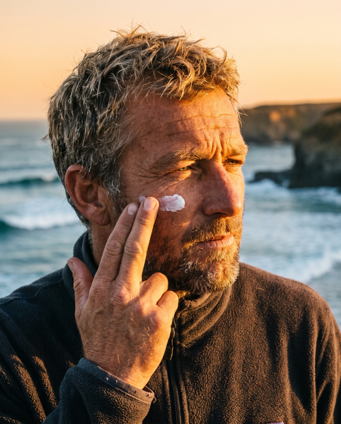 Surfer applying cream at golden hour