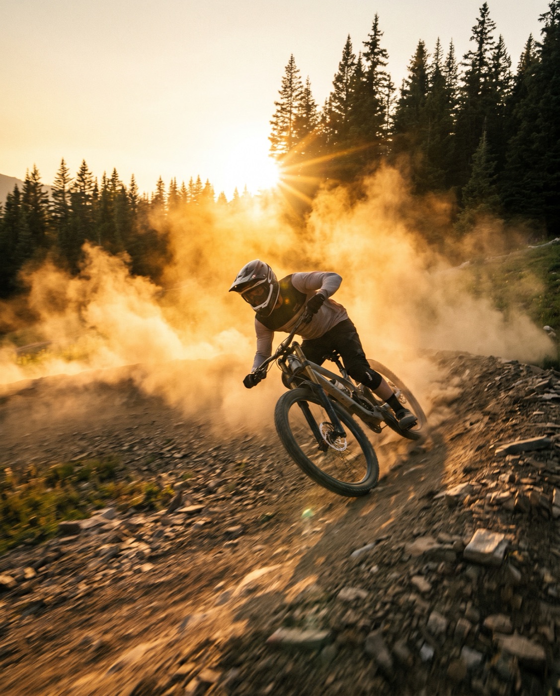 Mountain biker cornering through dust at golden hour