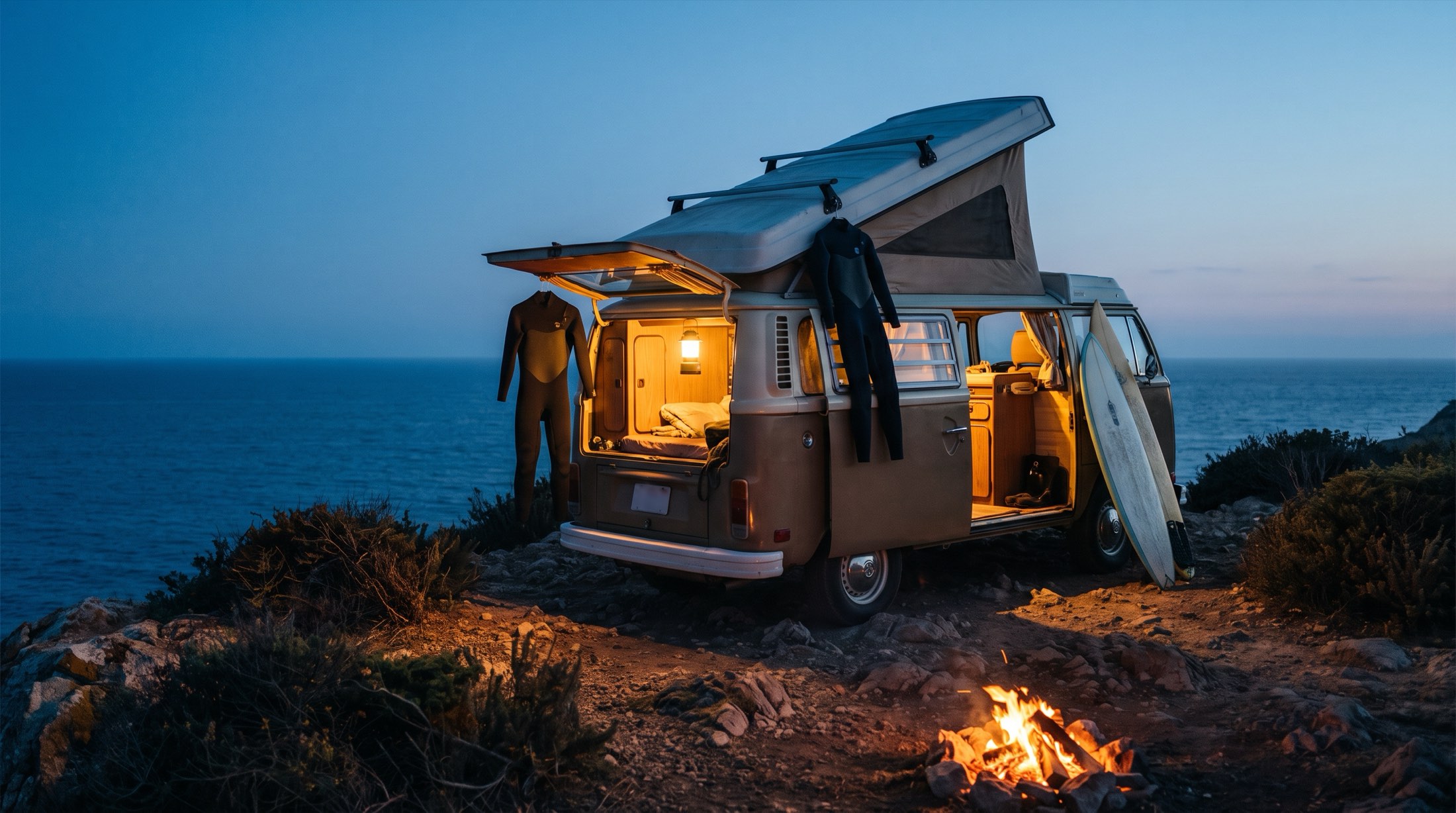 Campervan on a clifftop at dusk with wetsuits drying