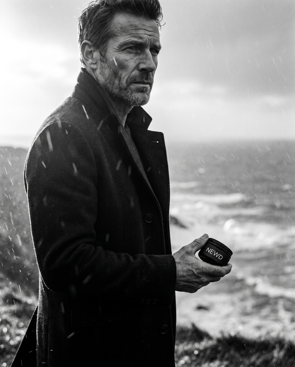 Black and white portrait on a windswept clifftop, NEWD tin in hand