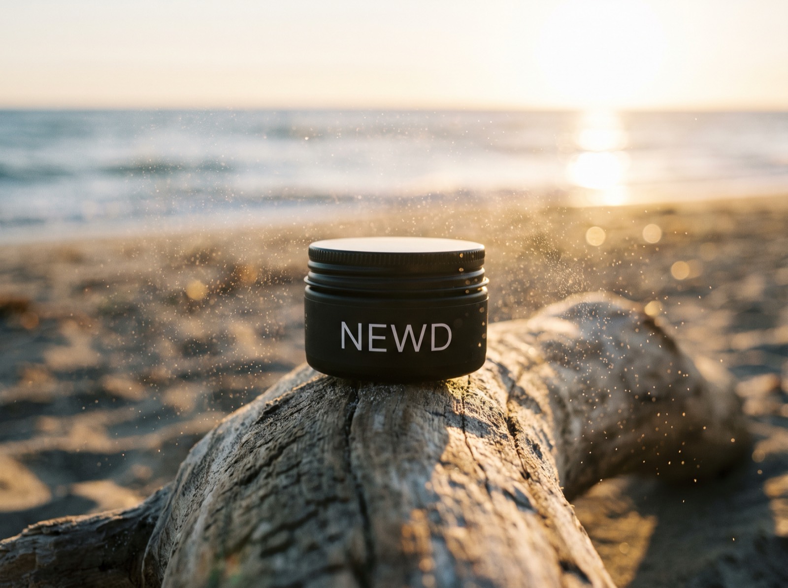 NEWD matte black pot on driftwood at golden hour
