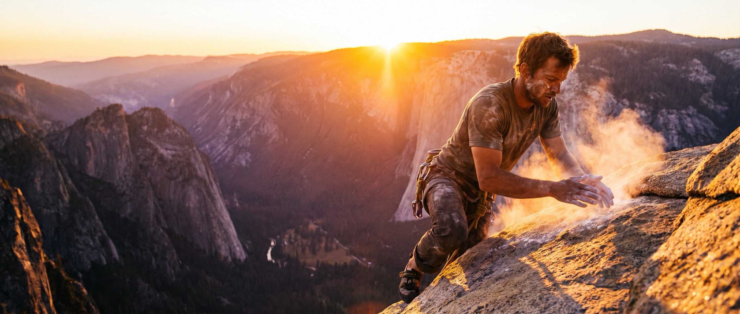Climber chalking up on a summit edge at sunset