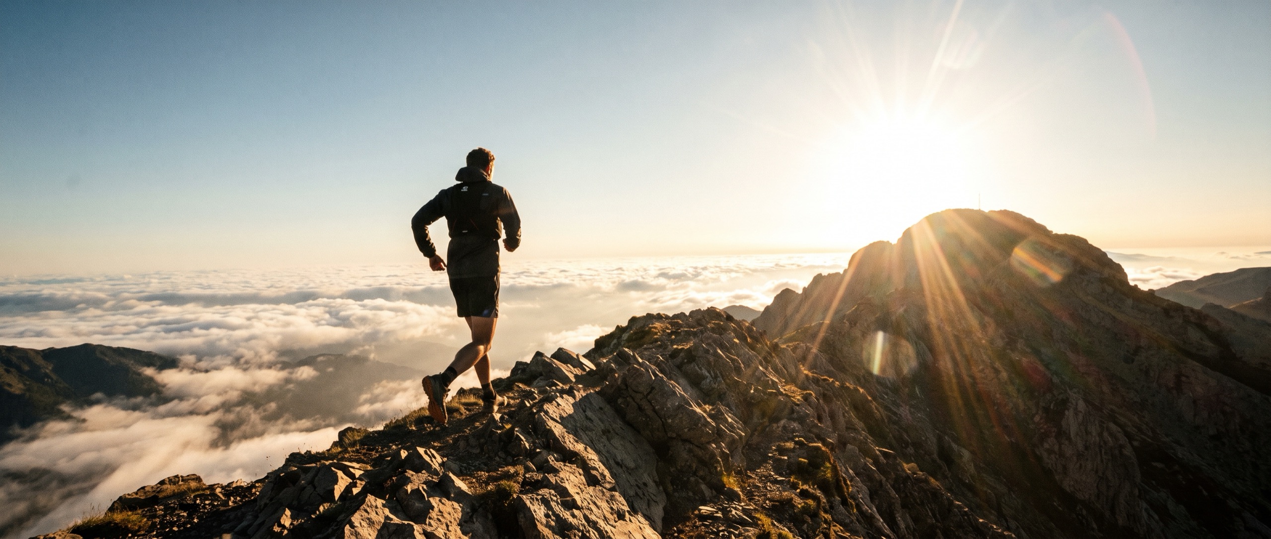 Trail runner on a ridgeline above the clouds, running toward the rising sun