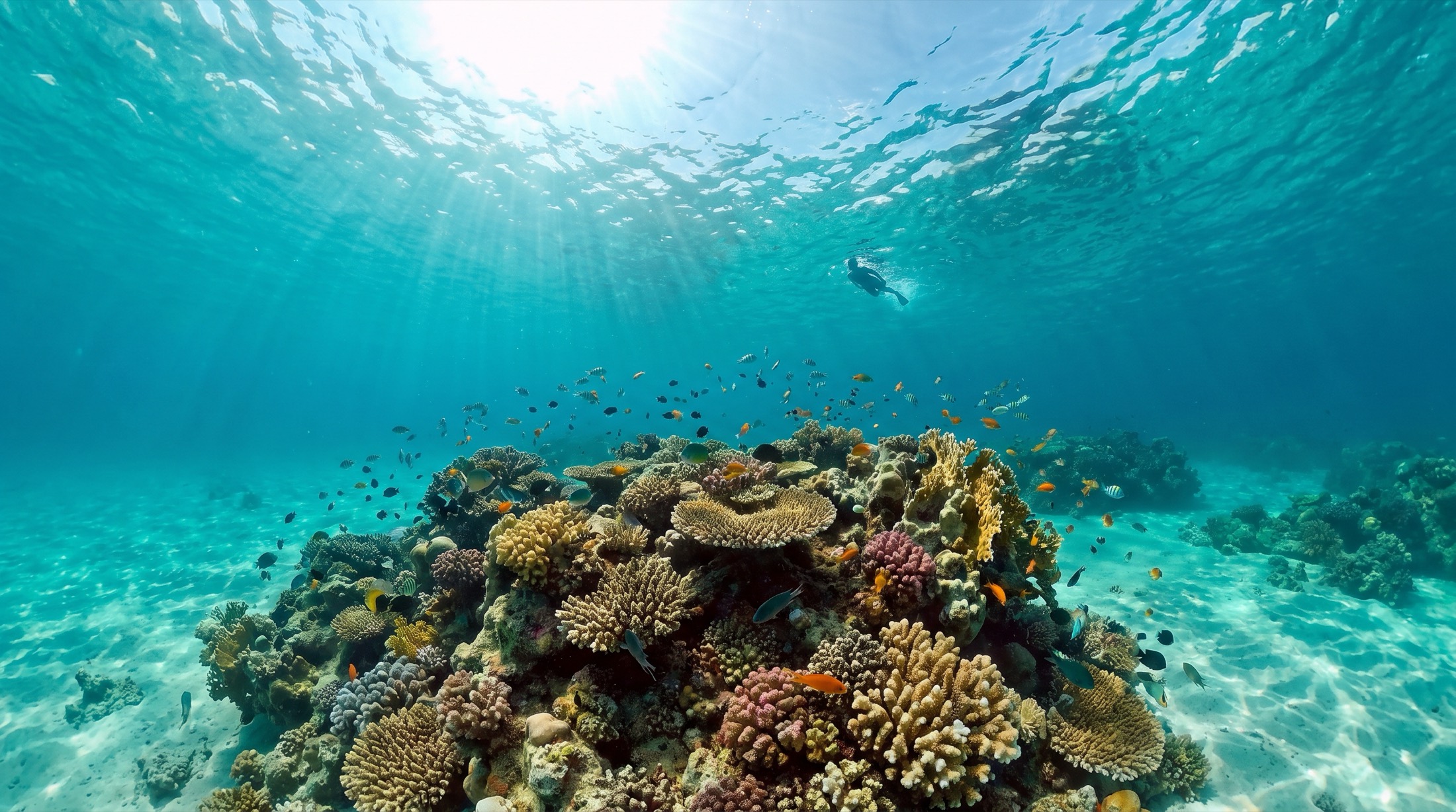 Healthy coral reef under clear sunlit water