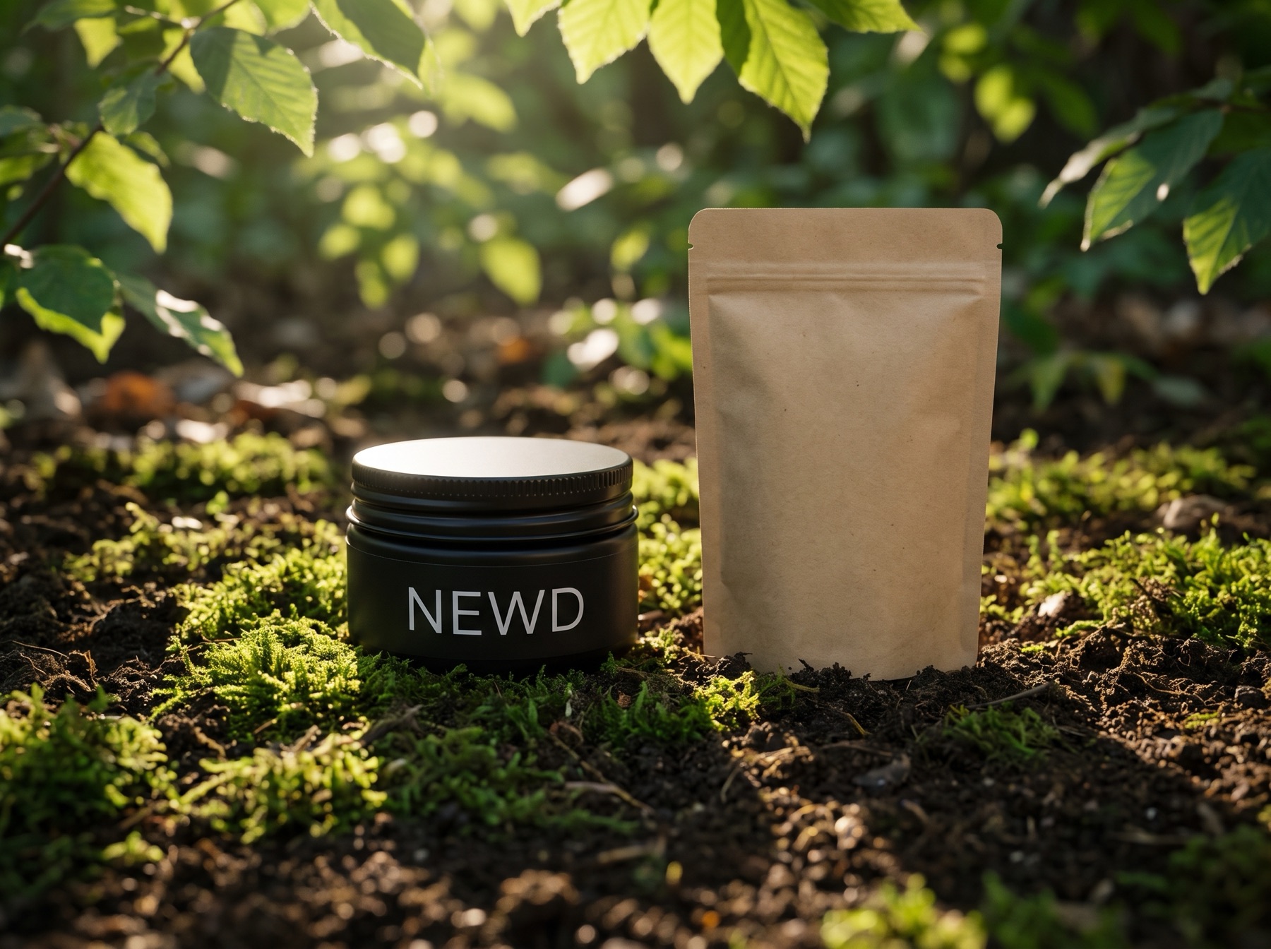 NEWD pot beside a compostable kraft refill pouch on garden soil