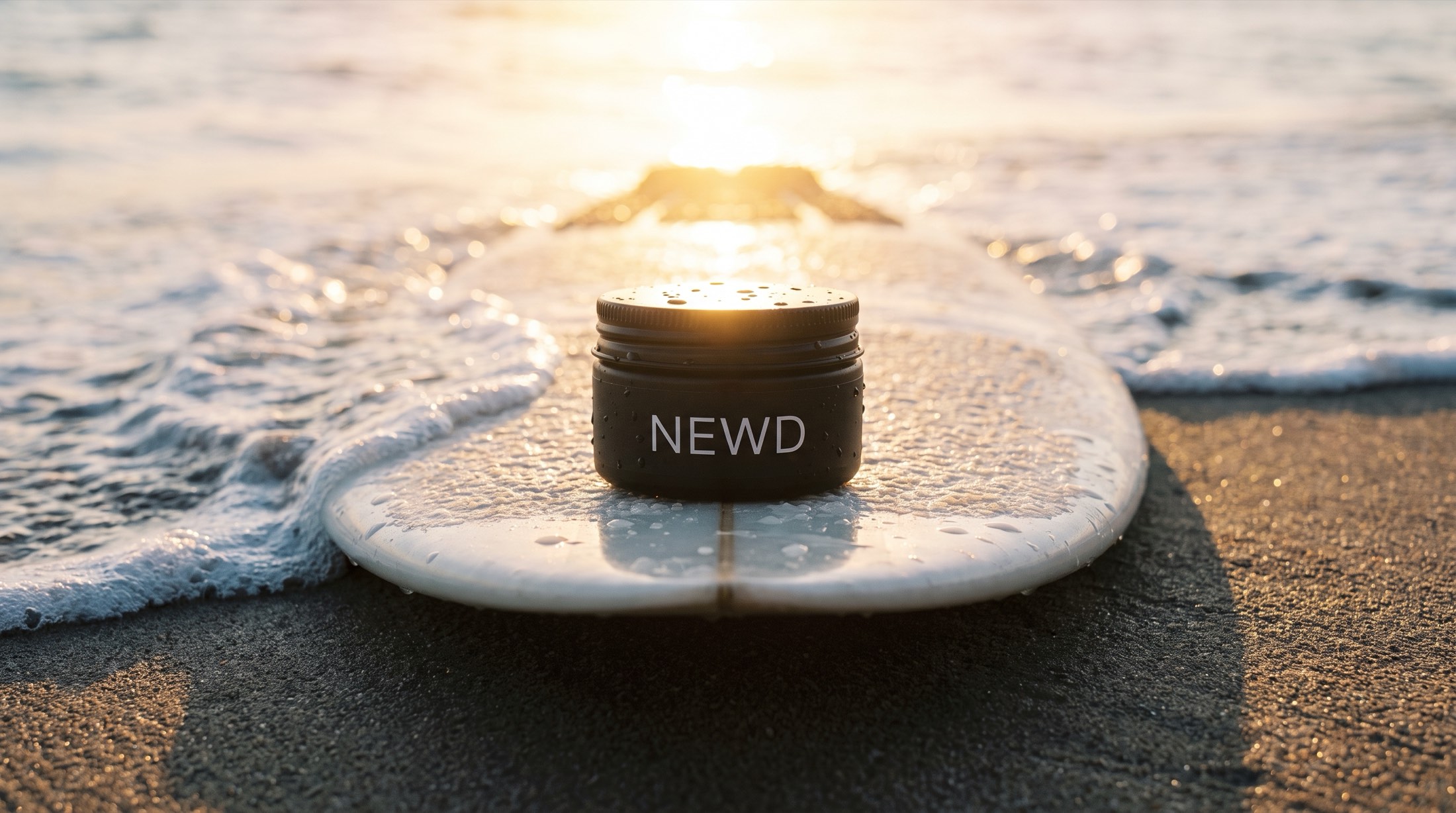 NEWD pot standing on a surfboard tail on wet sand at dawn