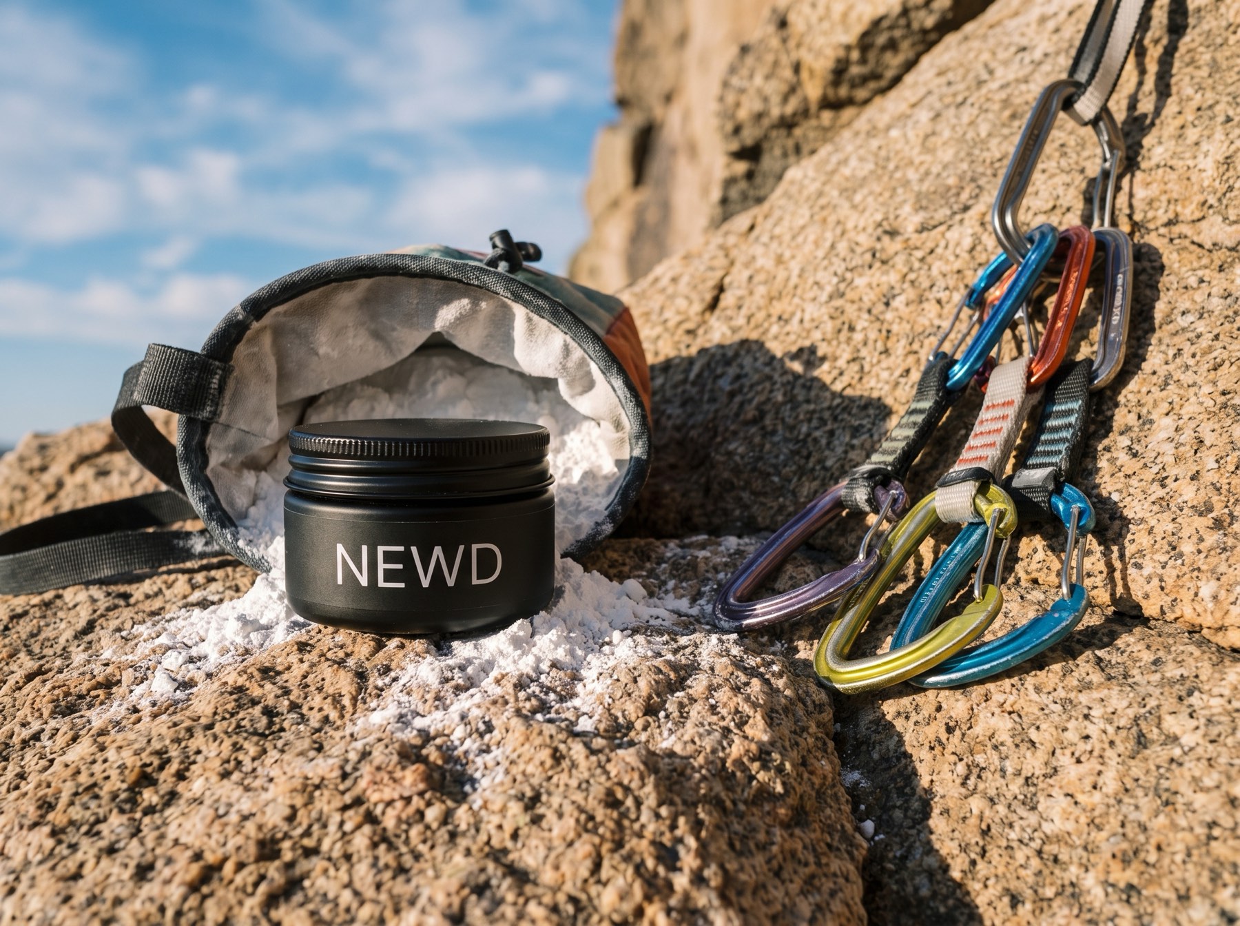 NEWD pot beside a climbing chalk bag on granite
