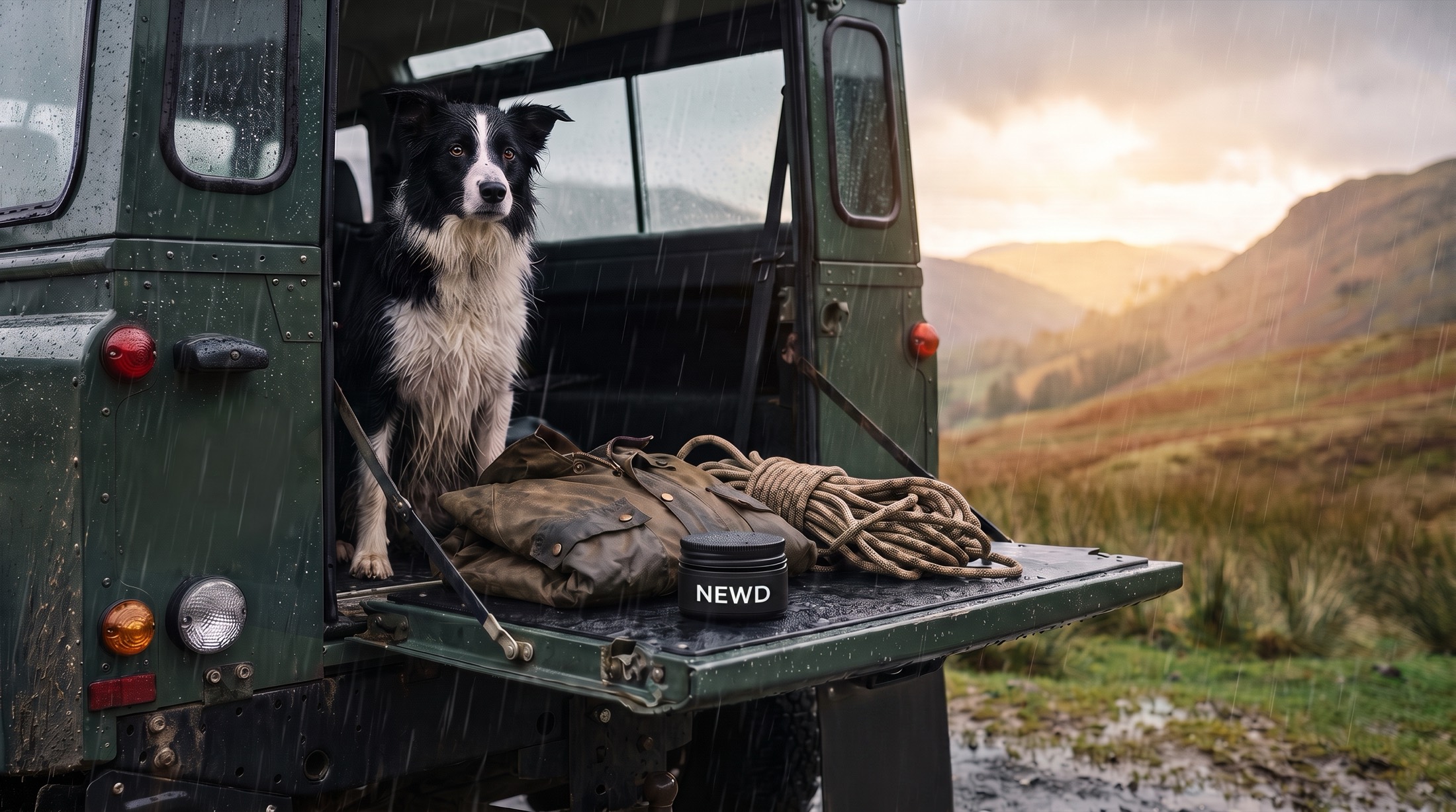 Border collie on the open tailgate of a green 4x4 in the rain, NEWD tin beside a waxed jacket and rope